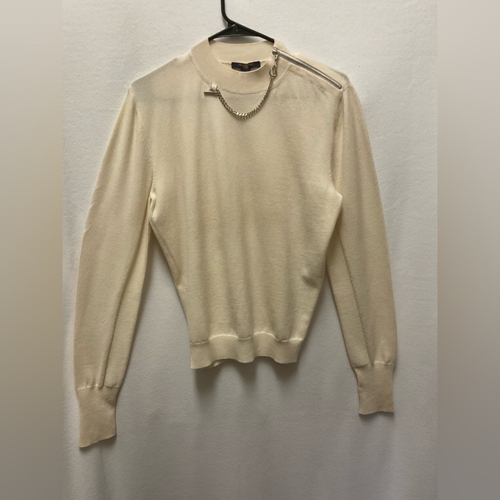 Louis Vuitton Cream Turtleneck Sweater with Shoulder Zip & Chain